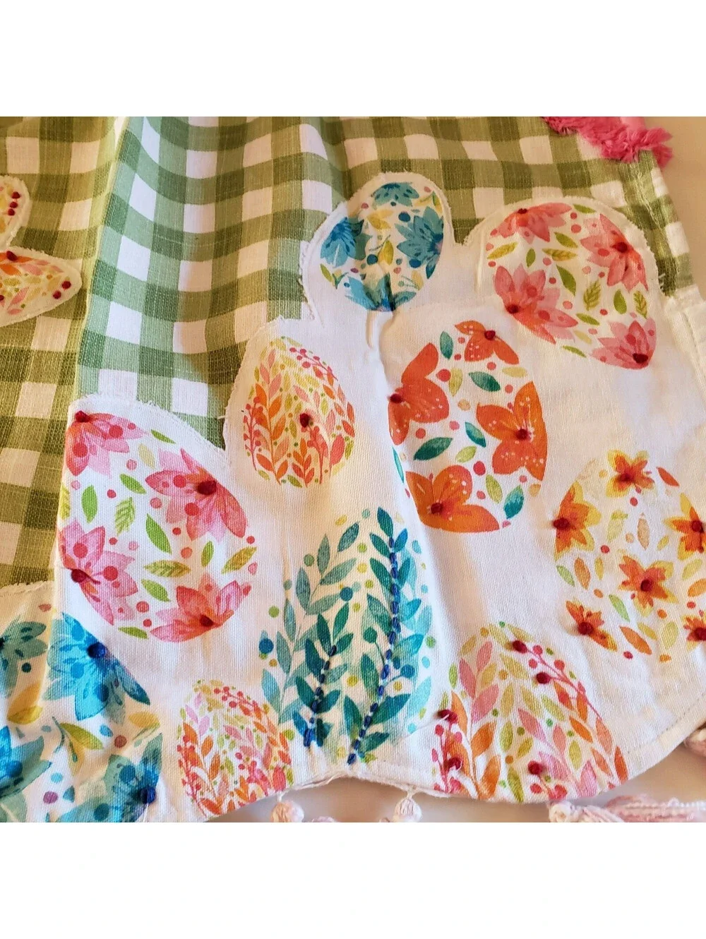 Happy Easter Cotton Bib Apron Green Check Pink Trim Embroidered Kitchen Cook